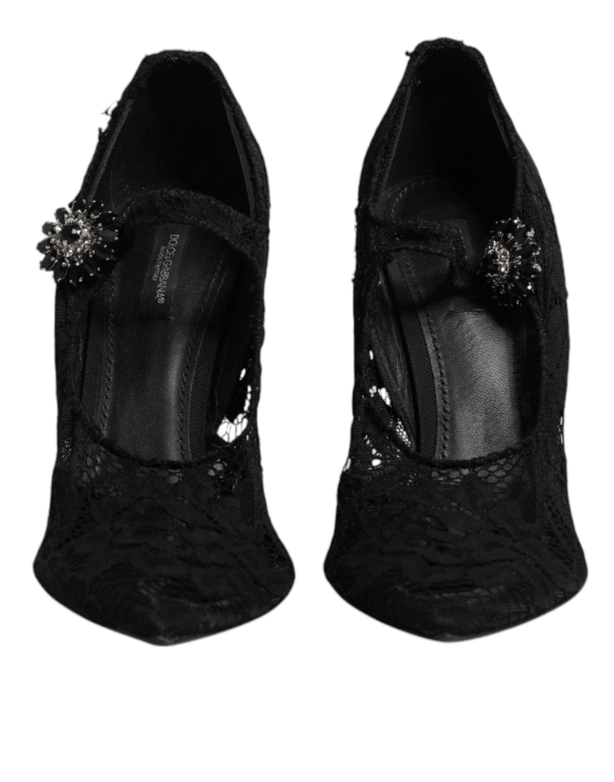 Dolce & Gabbana Black Lace Crystals Mary Jane Pumps Shoes - Hilstor