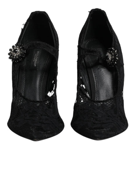 Dolce & Gabbana Black Lace Crystals Mary Jane Pumps Shoes - Hilstor