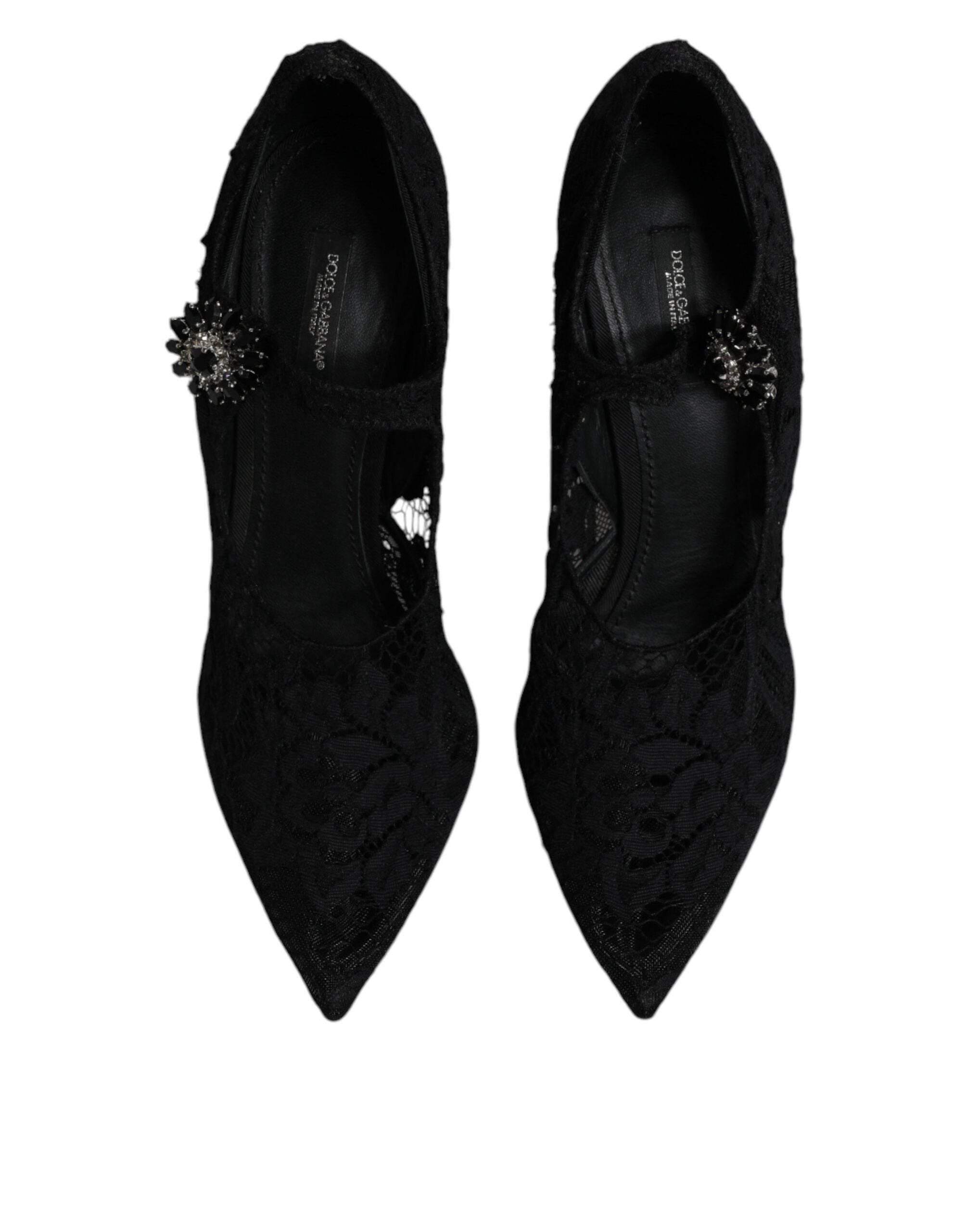 Dolce & Gabbana Black Lace Crystals Mary Jane Pumps Shoes - Hilstor