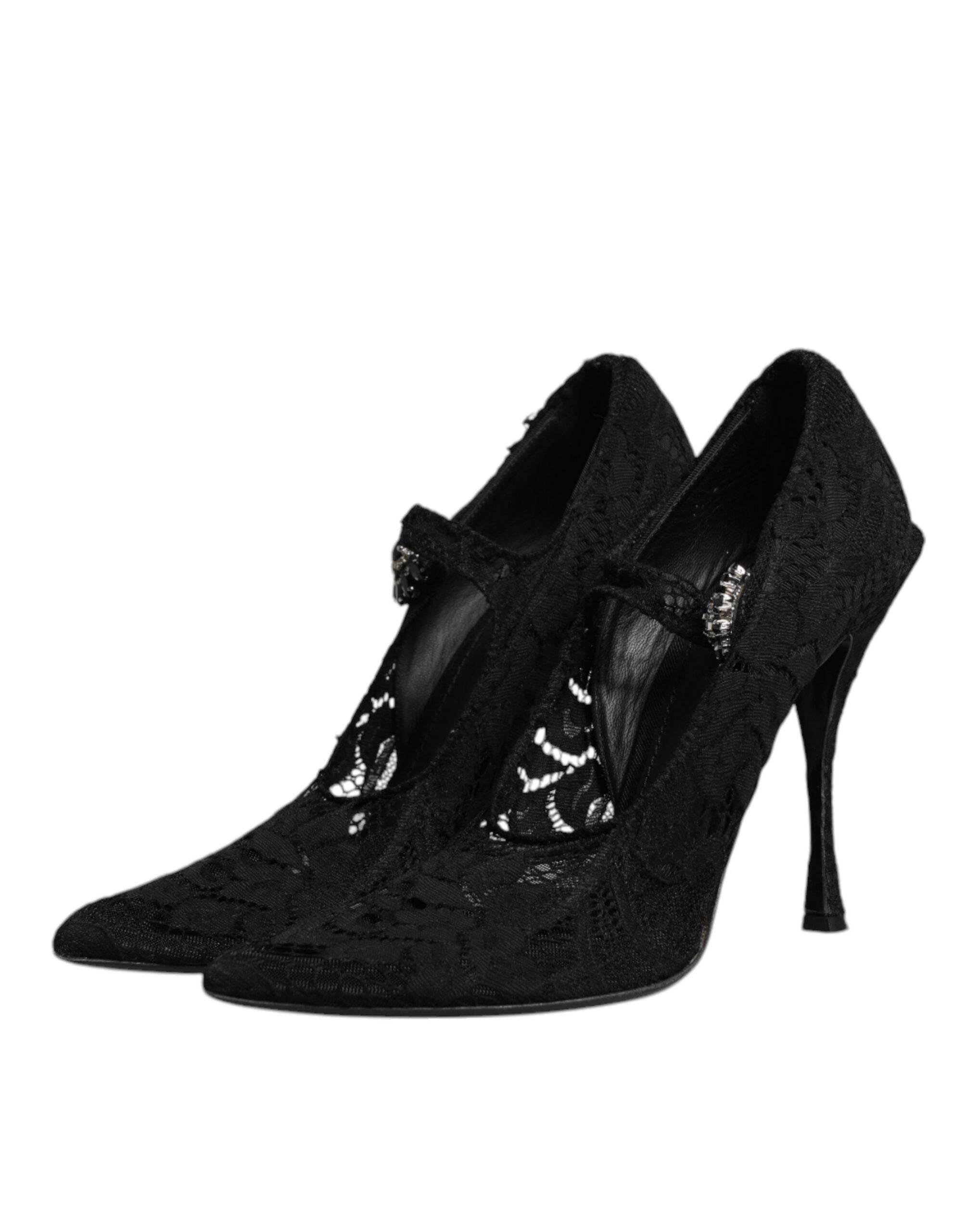 Dolce & Gabbana Black Lace Crystals Mary Jane Pumps Shoes - Hilstor