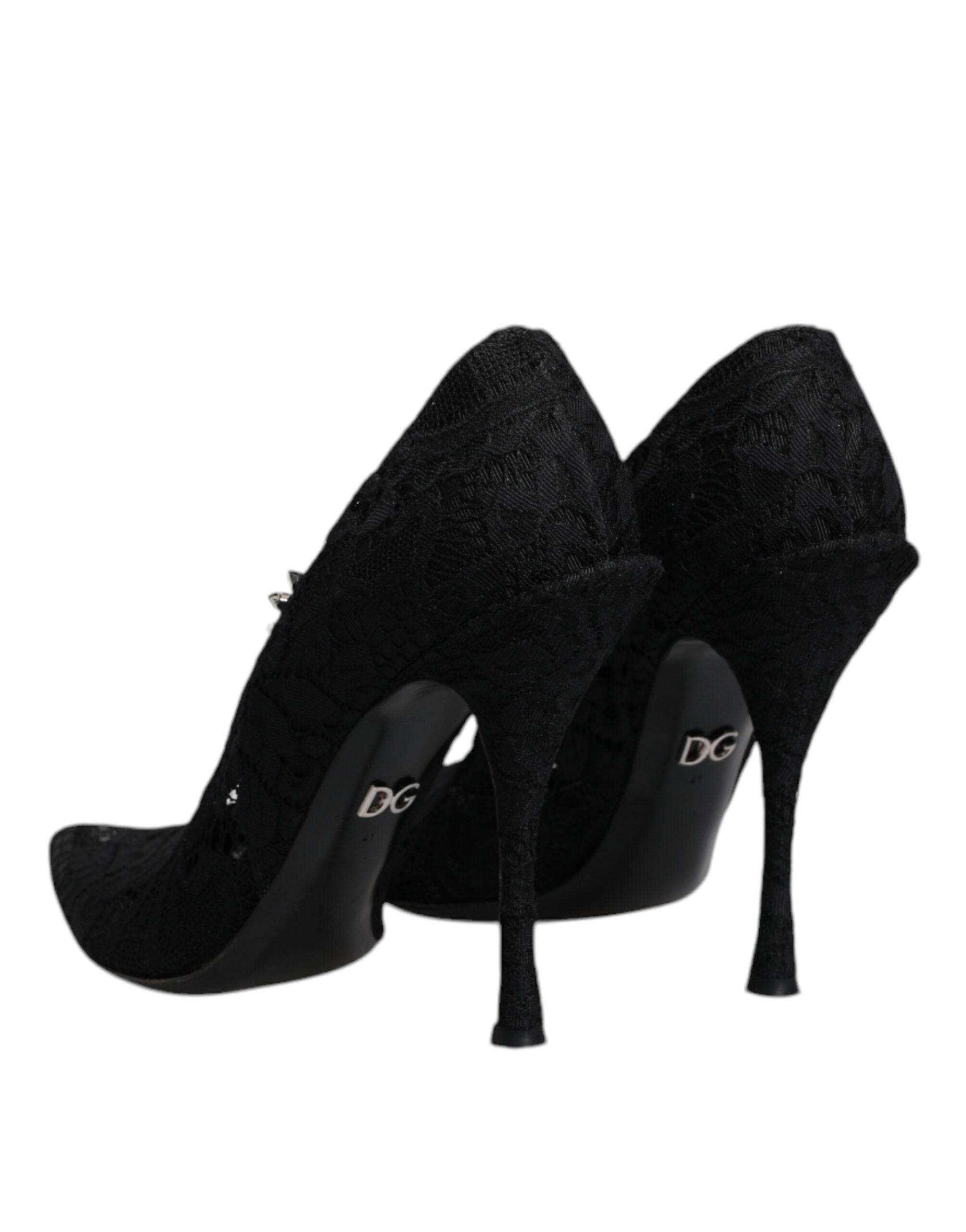 Dolce & Gabbana Black Lace Crystals Mary Jane Pumps Shoes - Hilstor