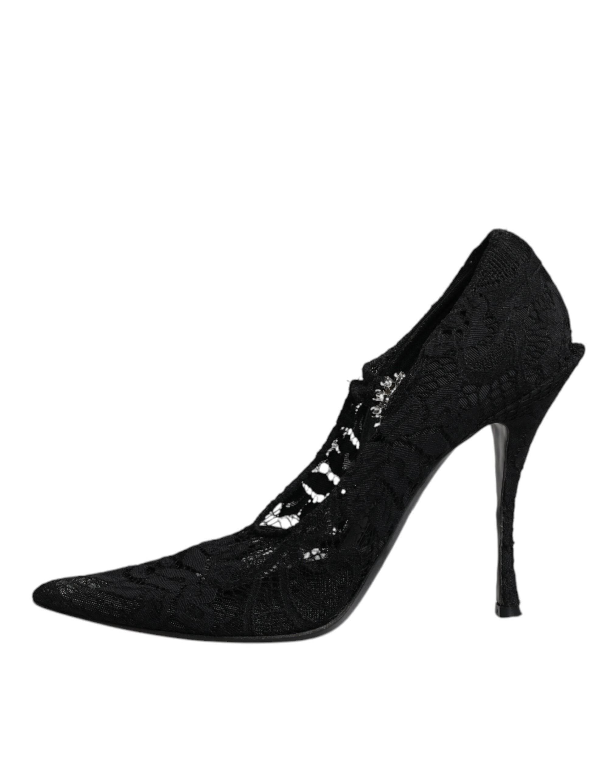 Dolce & Gabbana Black Lace Crystals Mary Jane Pumps Shoes - Hilstor