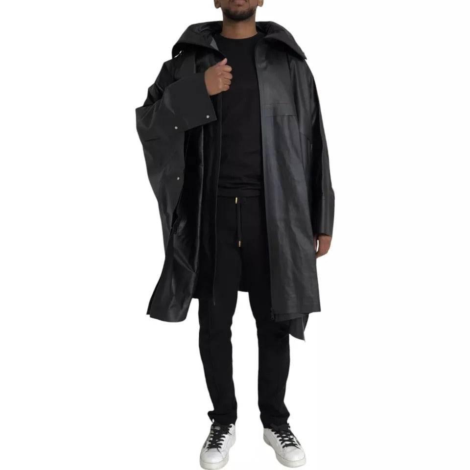 Bottega Veneta Black Leather Hooded Men Trenchcoat Jacket - Hilstor