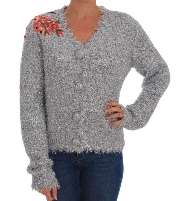 Dolce & Gabbana Elegant Silver Floral Applique Cardigan - Hilstor