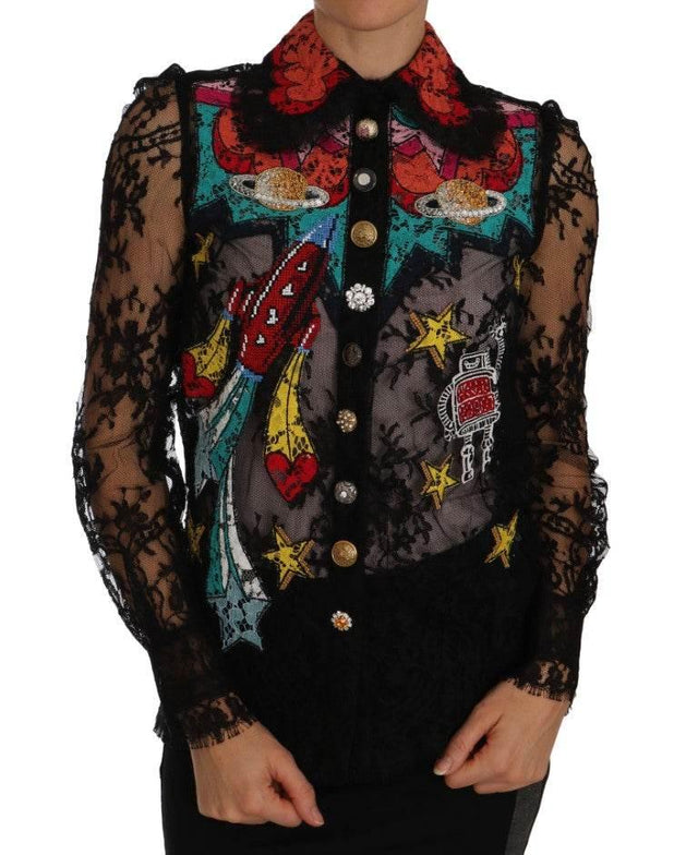 Dolce & Gabbana Floral Lace Embroidered Blouse with Crystals - Hilstor