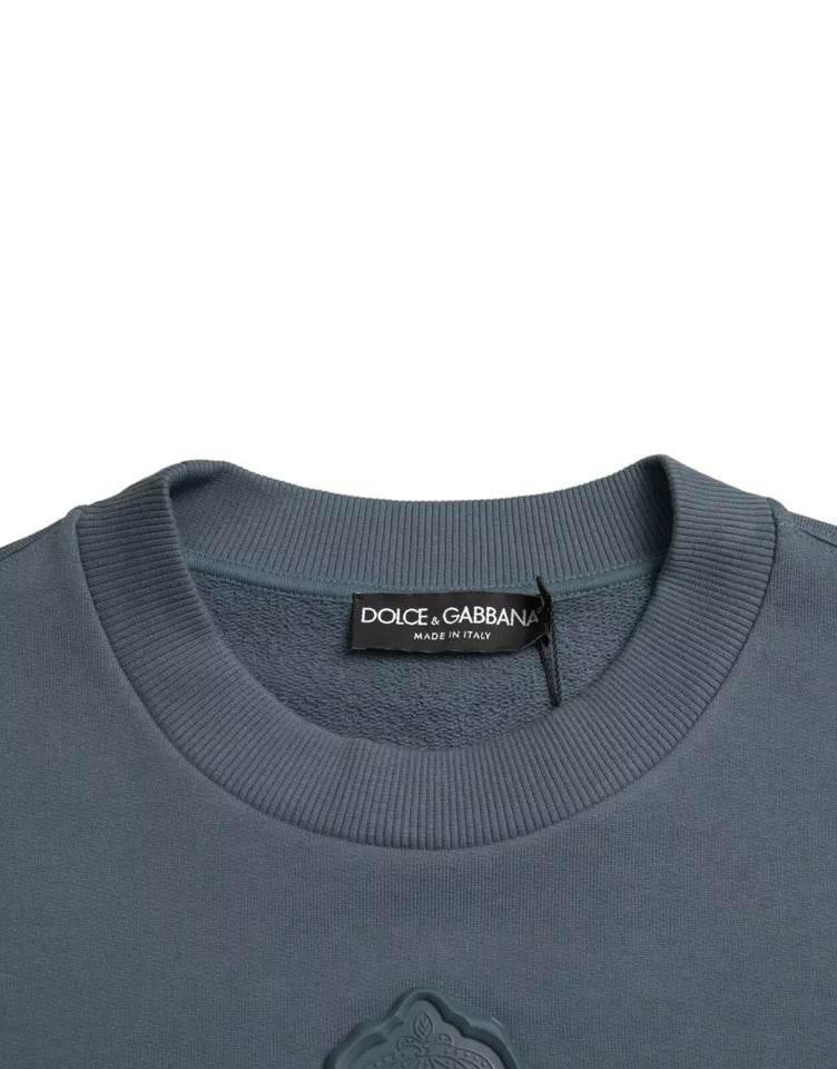 Dolce & Gabbana Blue Cotton Logo Patch Crew Neck Men Pullover Sweater - Hilstor