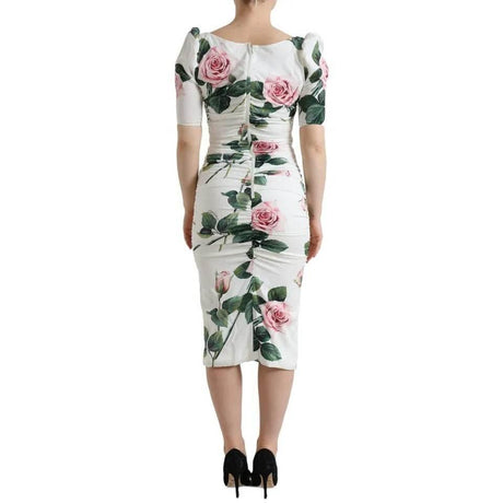 Dolce & Gabbana White Roses Print Stretch Silk Pleated Dress - Hilstor