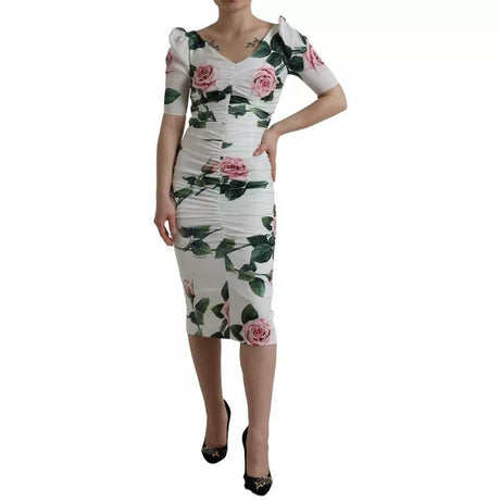 Dolce & Gabbana White Roses Print Stretch Silk Pleated Dress - Hilstor