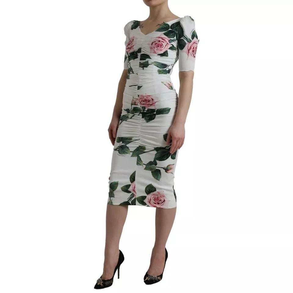 Dolce & Gabbana White Roses Print Stretch Silk Pleated Dress - Hilstor
