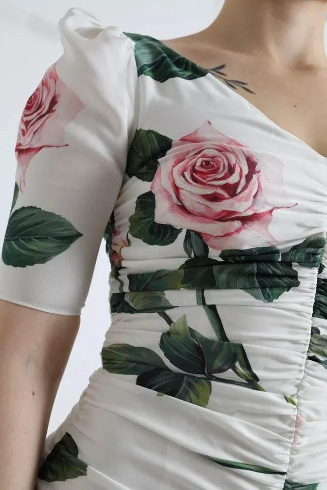 Dolce & Gabbana White Roses Print Stretch Silk Pleated Dress - Hilstor
