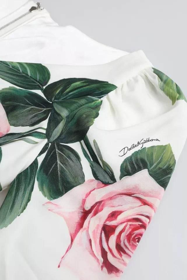 Dolce & Gabbana White Roses Print Stretch Silk Pleated Dress - Hilstor