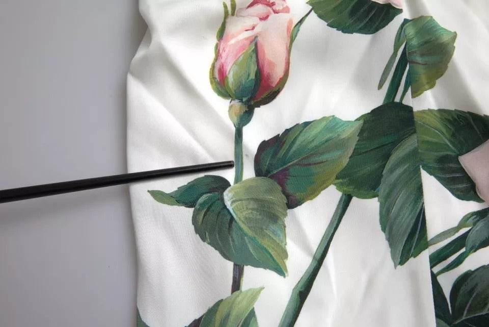 Dolce & Gabbana White Roses Print Stretch Silk Pleated Dress - Hilstor