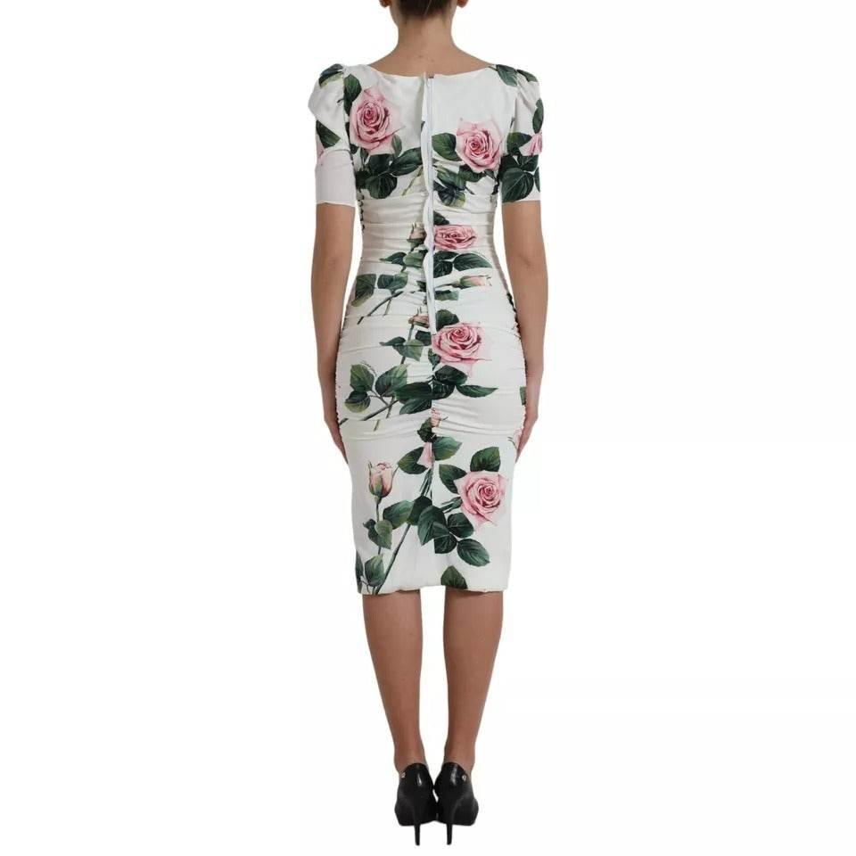 Dolce & Gabbana White Roses Print Stretch Silk Pleated Dress - Hilstor