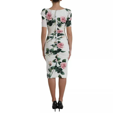 Dolce & Gabbana White Roses Print Stretch Silk Pleated Dress - Hilstor