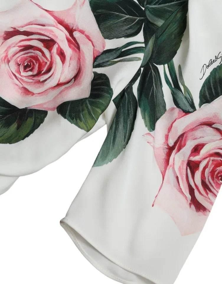 Dolce & Gabbana White Roses Print Stretch Silk Pleated Dress - Hilstor