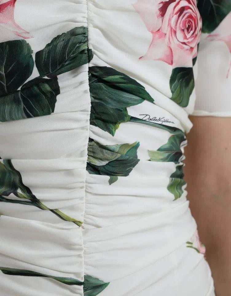 Dolce & Gabbana White Roses Print Stretch Silk Pleated Dress - Hilstor