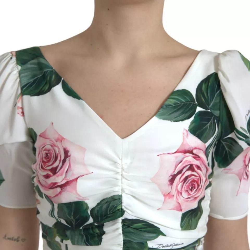 Dolce & Gabbana White Roses Print Stretch Silk Pleated Dress - Hilstor