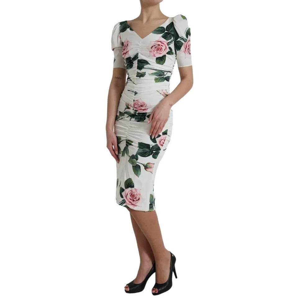 Dolce & Gabbana White Roses Print Stretch Silk Pleated Dress - Hilstor