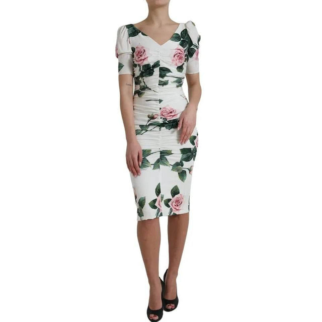 Dolce & Gabbana White Roses Print Stretch Silk Pleated Dress - Hilstor