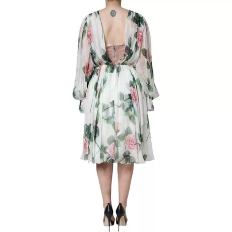 Dolce & Gabbana White Silk Floral Print A-line Midi Dress - Hilstor