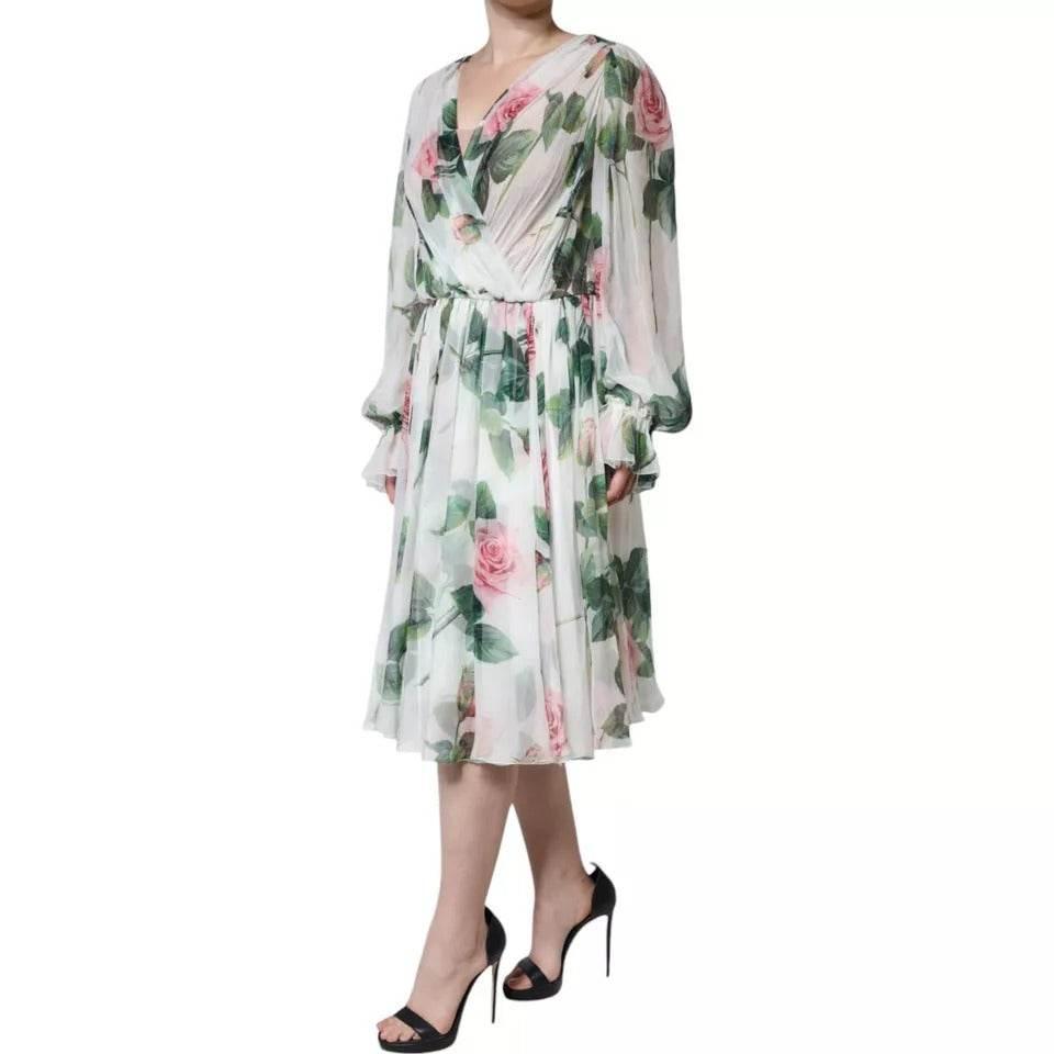 Dolce & Gabbana White Silk Floral Print A-line Midi Dress - Hilstor