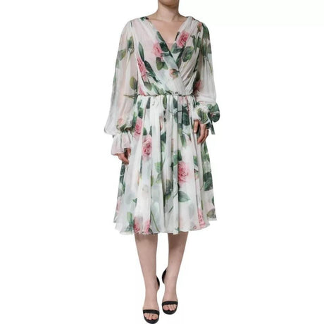 Dolce & Gabbana White Silk Floral Print A-line Midi Dress - Hilstor