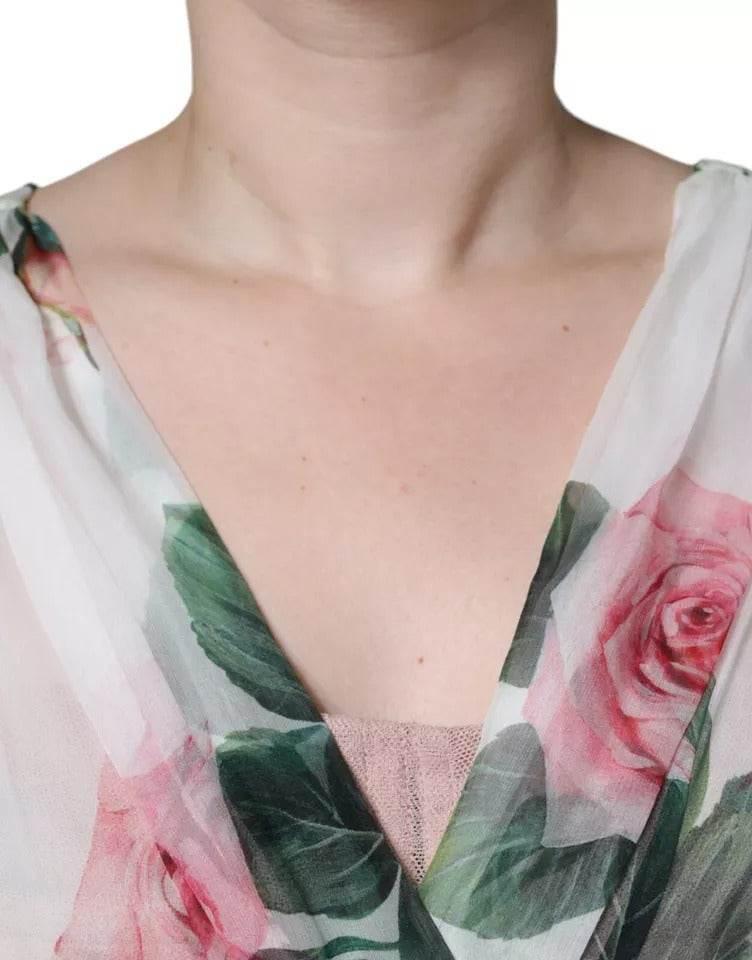 Dolce & Gabbana White Silk Floral Print A-line Midi Dress - Hilstor