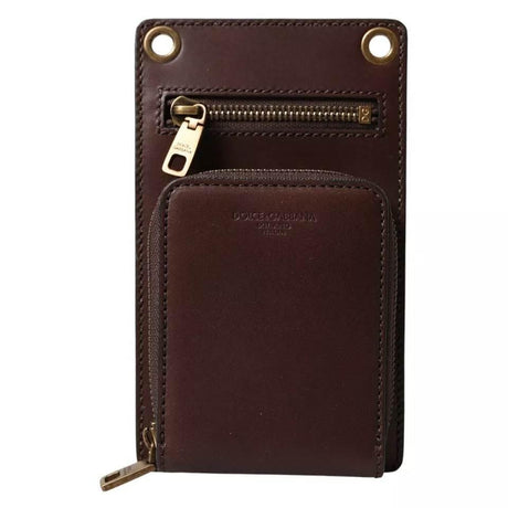 Dolce & Gabbana Brown Calf Leather Zip Logo Shoulder Neck Strap Wallet - Hilstor