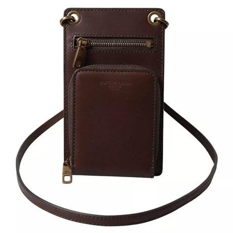 Dolce & Gabbana Brown Calf Leather Zip Logo Shoulder Neck Strap Wallet - Hilstor