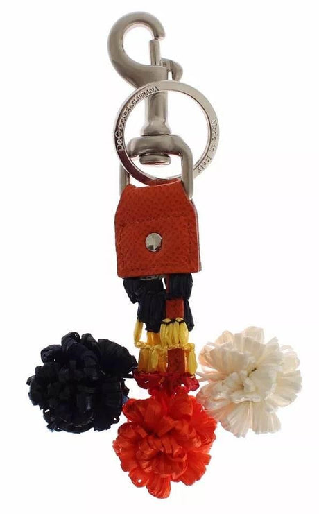Dolce & Gabbana Silver Brown Raffia Leather Clasp Finder Chain Keyring - Hilstor