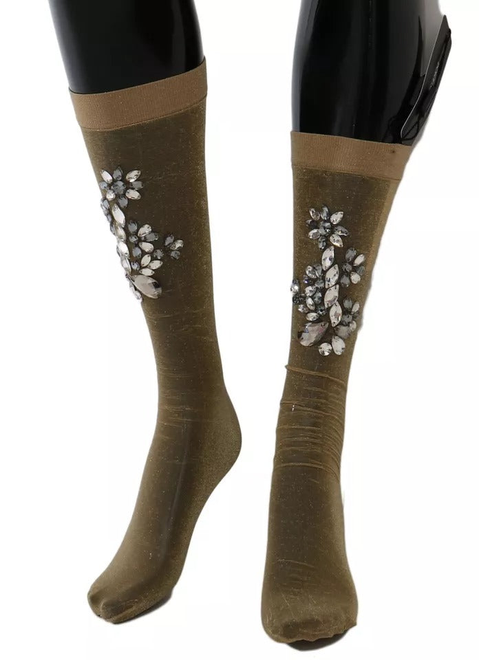 Dolce &amp; Gabbana Gold Stretch Floral Clear Crystal Strømpestrømper