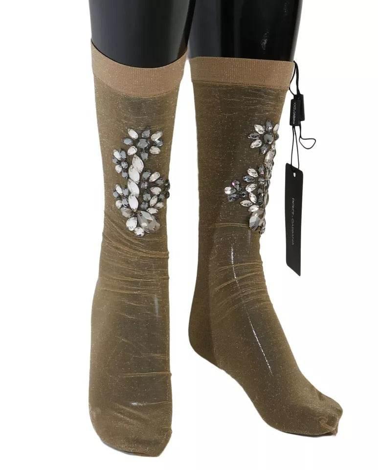 Dolce & Gabbana Gold Stretch Floral Clear Crystal Stocking Socks - Hilstor