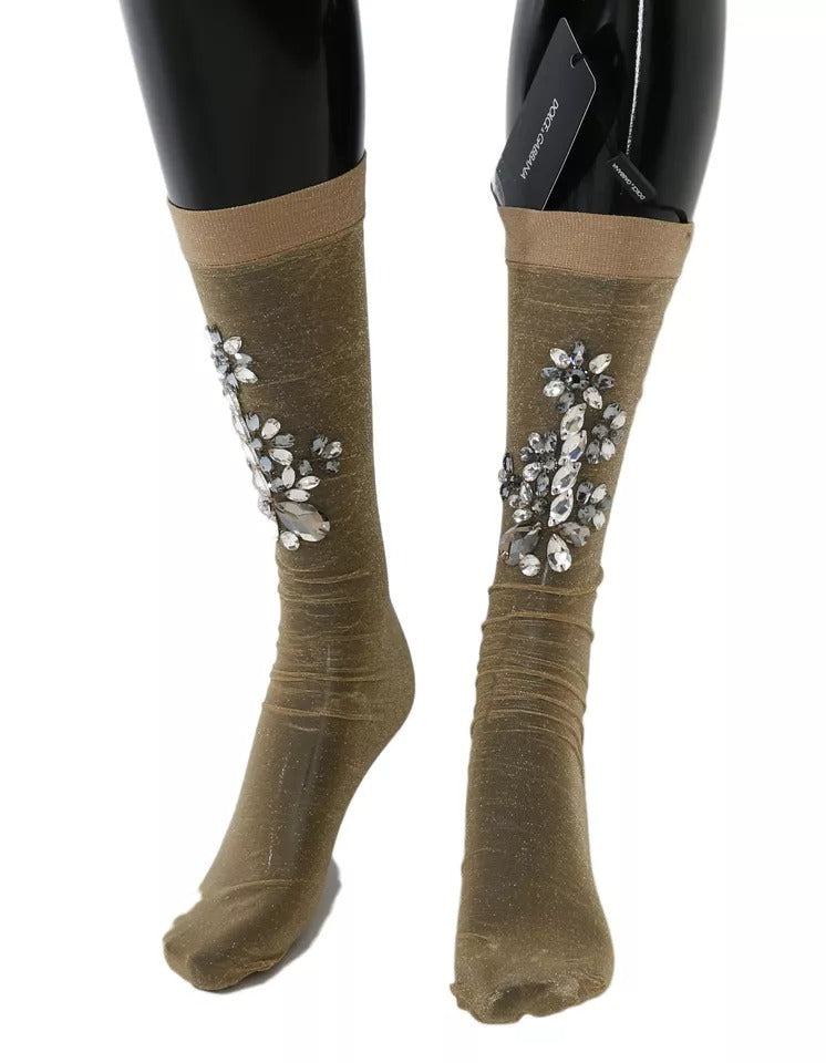 Dolce &amp; Gabbana Gold Stretch Floral Clear Crystal Strømpestrømper