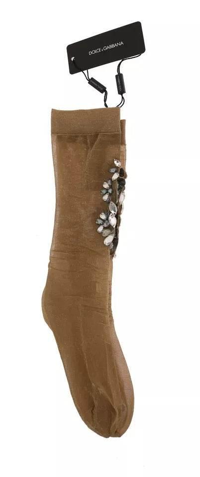 Dolce & Gabbana Gold Stretch Floral Clear Crystal Stocking Socks - Hilstor