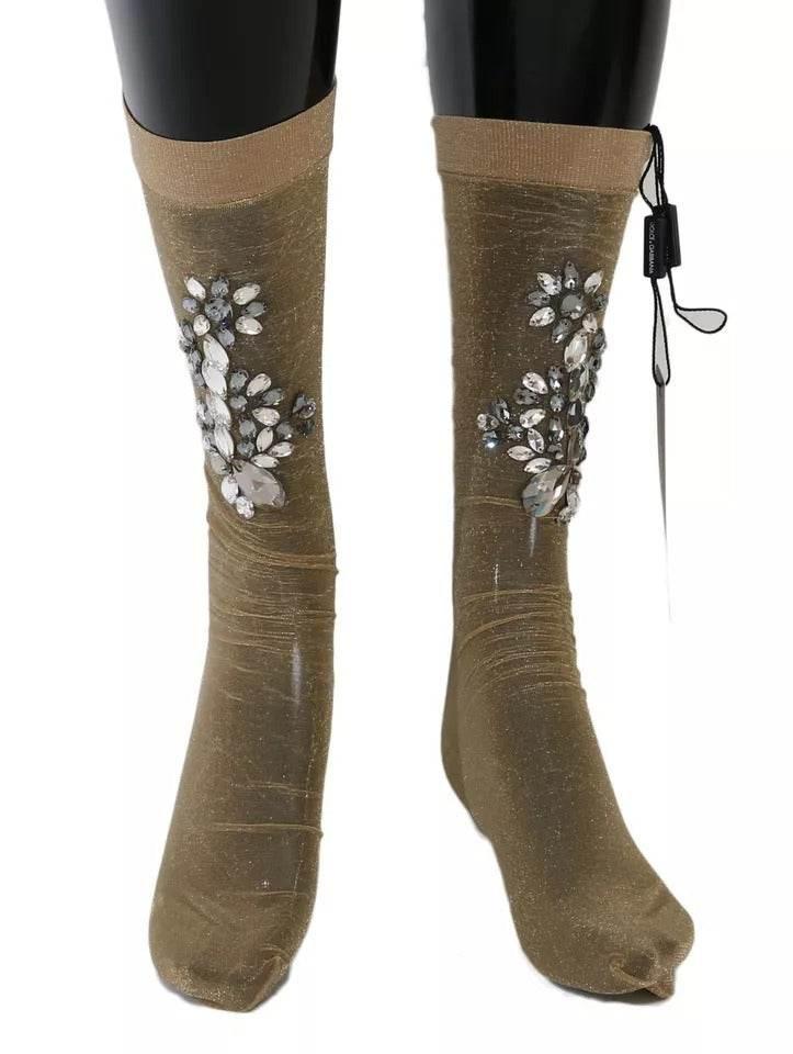 Dolce & Gabbana Gold Stretch Floral Clear Crystal Stocking Socks - Hilstor