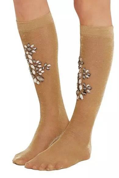 Dolce & Gabbana Gold Stretch Floral Clear Crystal Stocking Socks - Hilstor