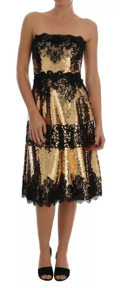 Dolce & Gabbana Gold Strapless Sequin Embellished Lace Dress - Hilstor