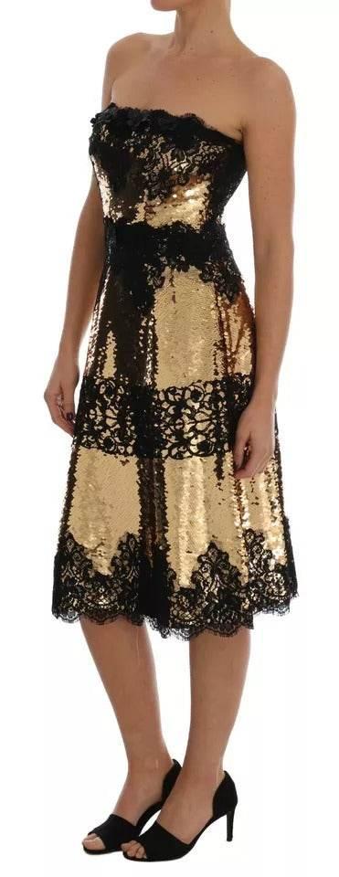 Dolce & Gabbana Gold Strapless Sequin Embellished Lace Dress - Hilstor