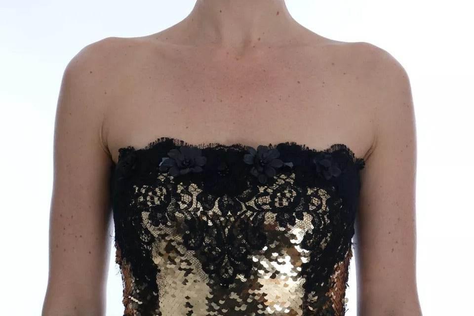 Dolce & Gabbana Gold Strapless Sequin Embellished Lace Dress - Hilstor