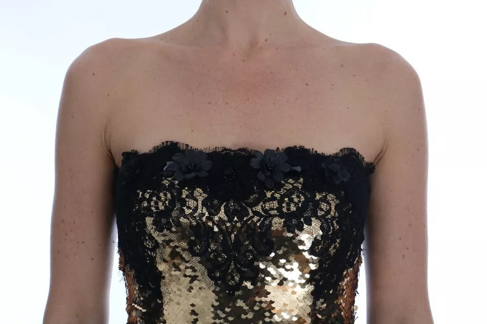 Dolce &amp; Gabbana guld stropløs pailletter udsmykket blondekjole