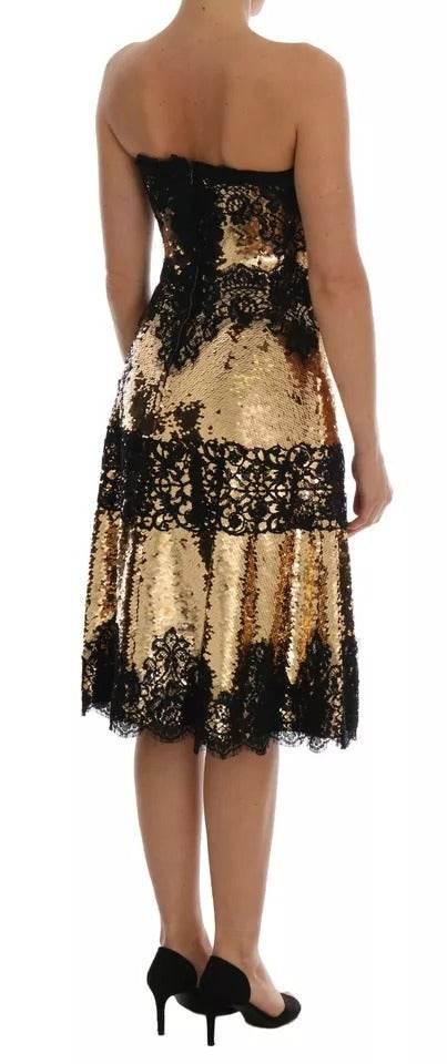 Dolce & Gabbana Gold Strapless Sequin Embellished Lace Dress - Hilstor