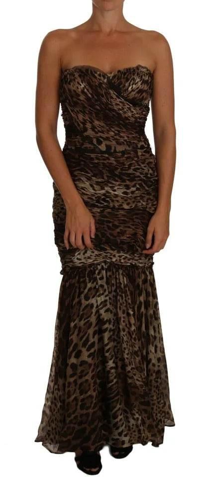 Dolce & Gabbana Brown Leopard Silk Chiffon Ruched Mermaid Maxi Dress - Hilstor