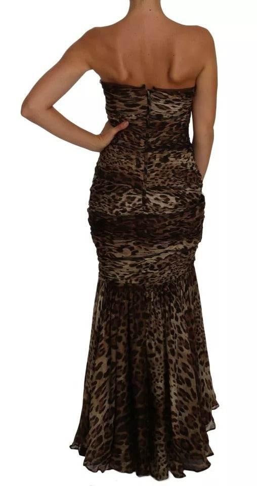 Dolce & Gabbana Brown Leopard Silk Chiffon Ruched Mermaid Maxi Dress - Hilstor