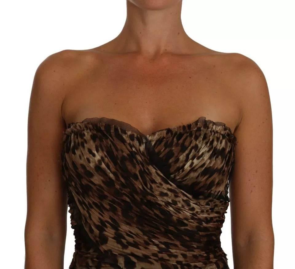 Dolce & Gabbana Brown Leopard Silk Chiffon Ruched Mermaid Maxi Dress - Hilstor