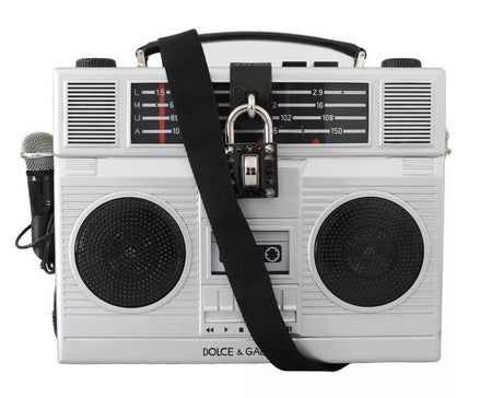 Dolce & Gabbana Silver Retro Radio Boombox Limited Edition Handmade Wood Bag - Hilstor