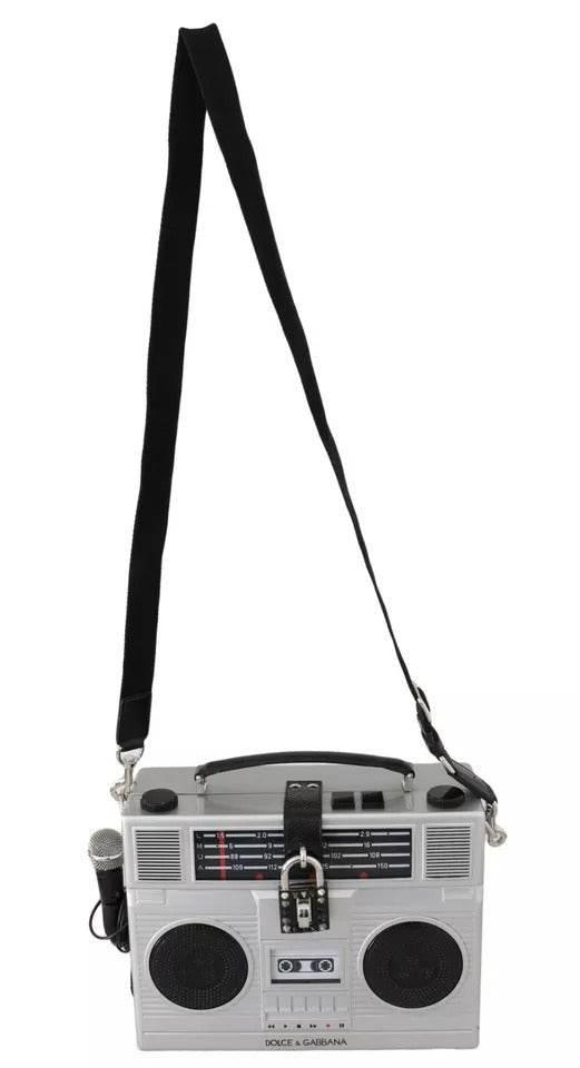 Dolce & Gabbana Silver Retro Radio Boombox Limited Edition Handmade Wood Bag - Hilstor