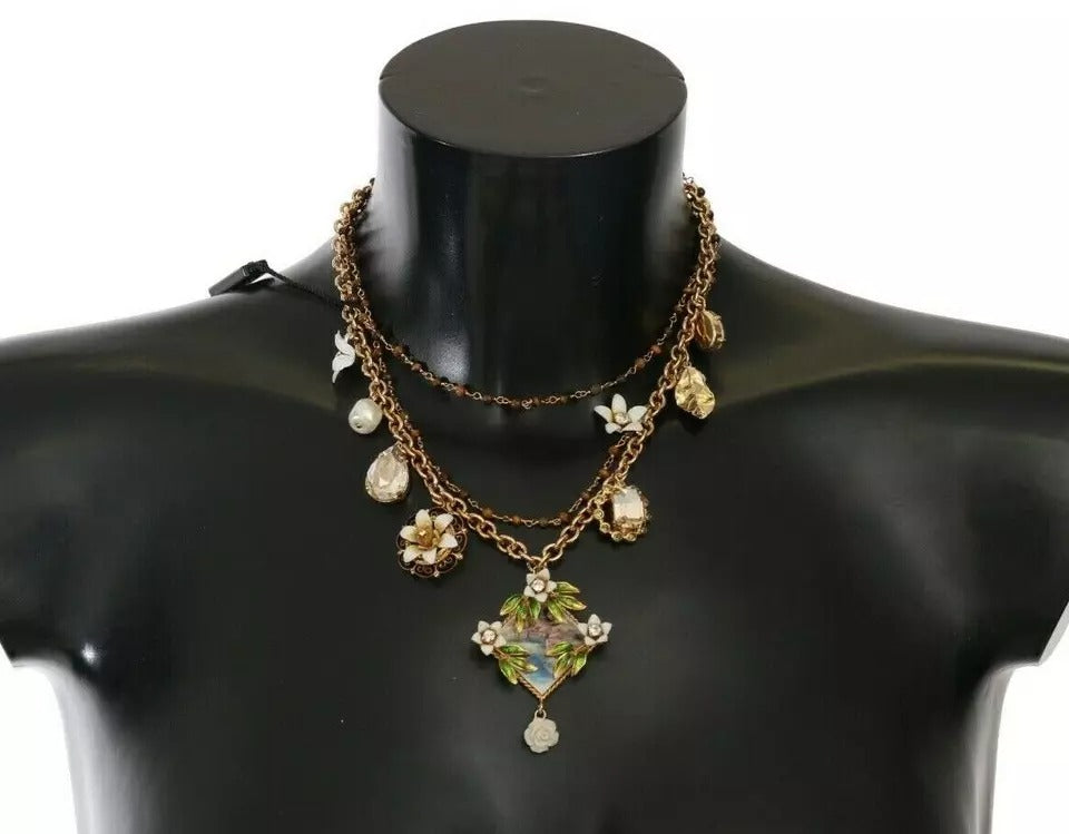 Dolce &amp; Gabbana guld messing krystal blomsterstatement charms halskæde