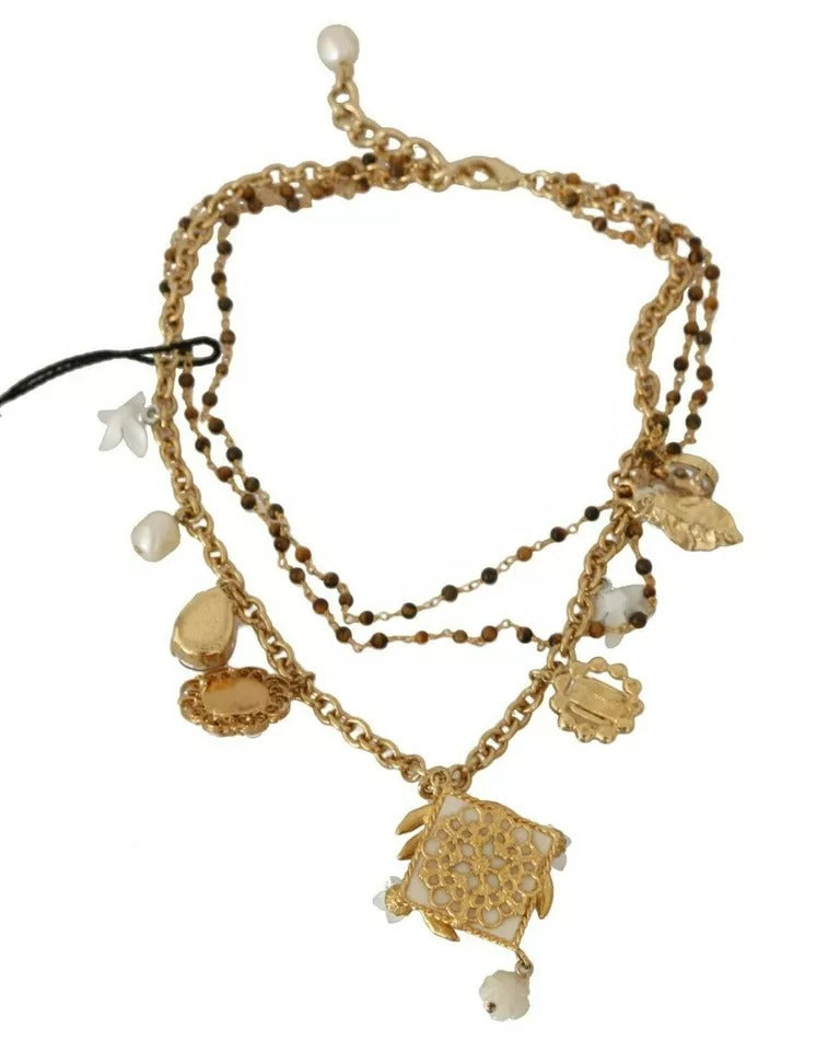 Dolce &amp; Gabbana guld messing krystal blomsterstatement charms halskæde