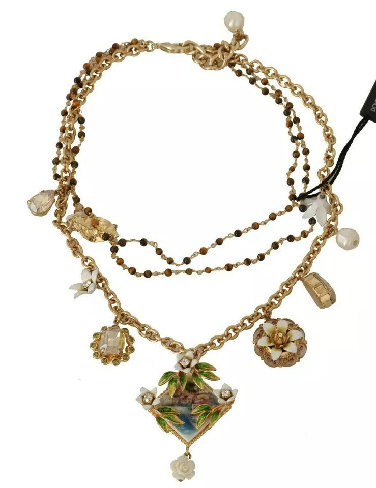 Dolce &amp; Gabbana guld messing krystal blomsterstatement charms halskæde