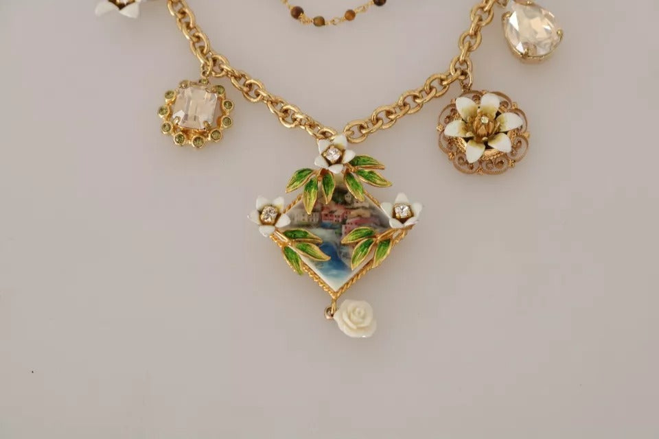 Dolce &amp; Gabbana guld messing krystal blomsterstatement charms halskæde